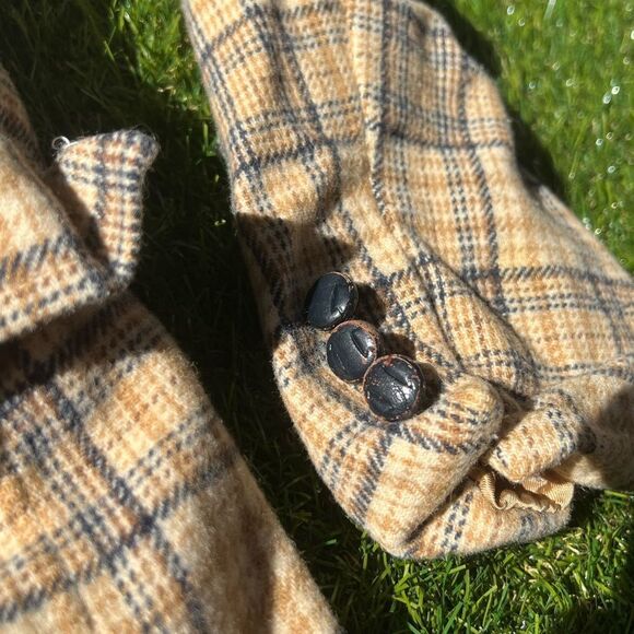 Vintage 70s 80s Beige Coat Wool Mix Plaid Shoulder Pad Blazer Women's Small - Picture 7 of 7